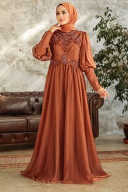 Neva Style - Long Sleeve Sunuff Colored Muslim Evening Dress 25822TB - Thumbnail