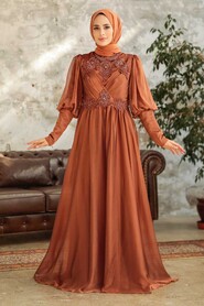 Neva Style - Long Sleeve Sunuff Colored Muslim Evening Dress 25822TB - Thumbnail