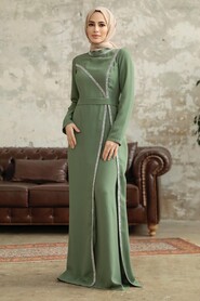Neva Style - Long Sleeve Khaki Muslim Evening Gown 37261HK - Thumbnail