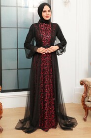 Neva Style - Luxorious Black Claret Red Islamic Evening Gown 5383SBR - Thumbnail