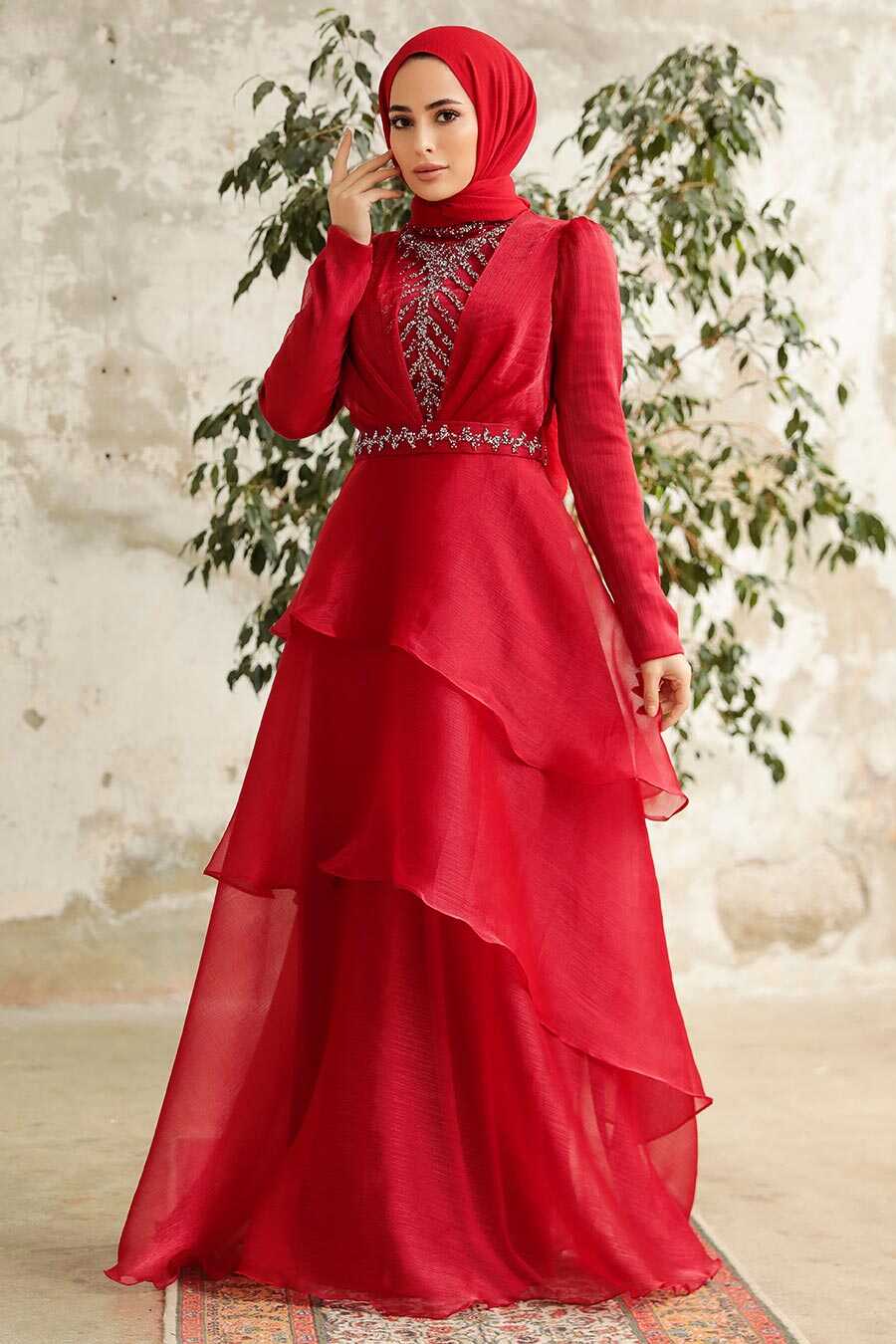 Neva Style - Luxorious Claret Red Islamic Clothing Evening Dress 38221BR