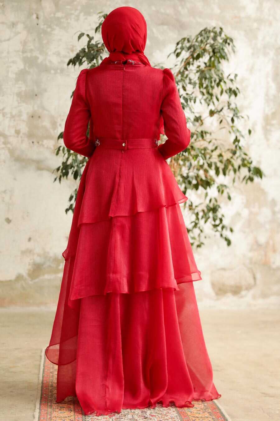 Neva Style - Luxorious Claret Red Islamic Clothing Evening Dress 38221BR