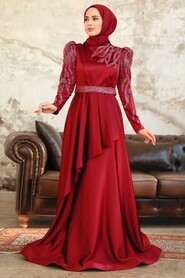 Neva Style - Luxorious Claret Red Modest Evening Dress 22671BR - Thumbnail