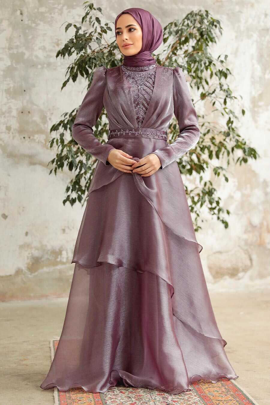 Neva Style - Luxorious Dark Lila Islamic Clothing Evening Dress 38221KLILA