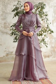 Neva Style - Luxorious Dark Lila Islamic Clothing Evening Dress 38221KLILA - Thumbnail