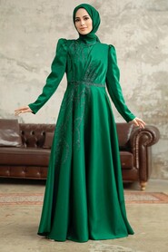 Neva Style - Luxorious Emerald Green Islamic Evening Dress 3915ZY - Thumbnail
