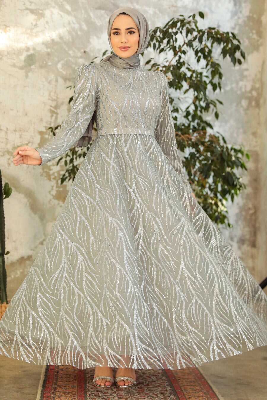 Neva Style - Luxorious Grey Hijab Clothing Engagement Dress 22851GR