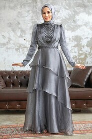 Neva Style - Luxorious Grey Islamic Clothing Evening Dress 38221GR - Thumbnail