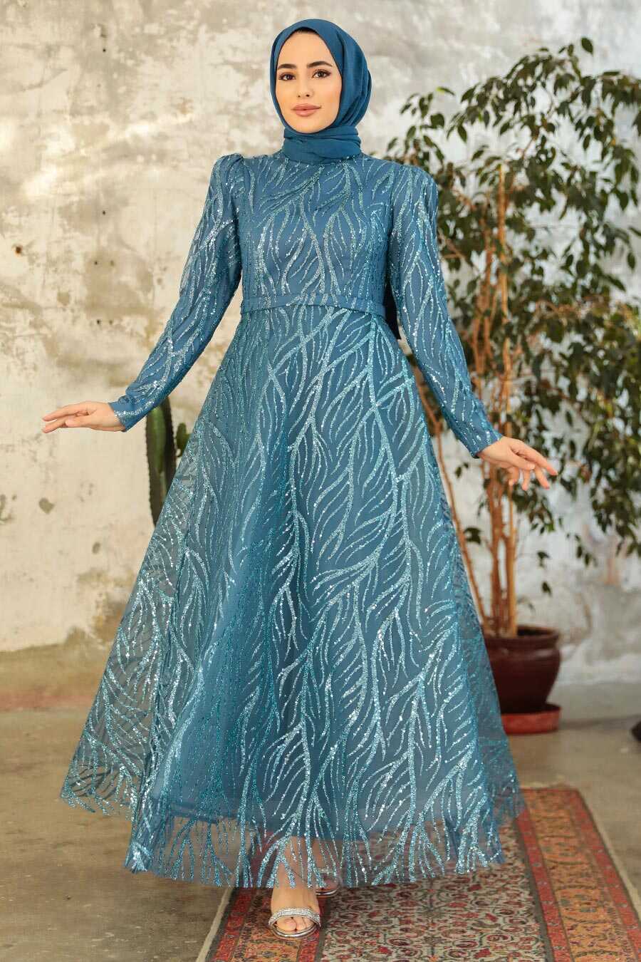 Neva Style - Luxorious İndigo Blue Islamic Prom Dress 22851IM