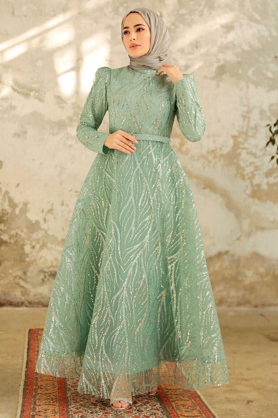 Neva Style - Luxorious Mint Hijab Islamic Prom Dress 22851MINT