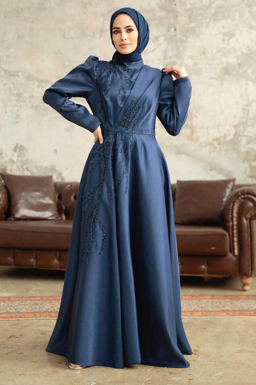 Neva Style - Luxorious Navy Blue Islamic Evening Dress 3915L