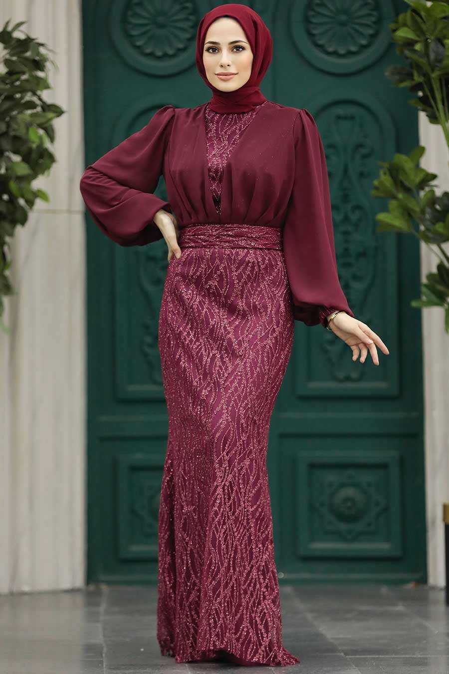 Neva Style - Luxury Claret Red Islamic Clothing Evening Gown 22213BR