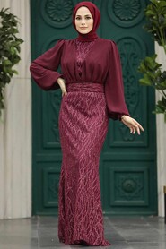 Neva Style - Luxury Claret Red Islamic Clothing Evening Gown 22213BR - Thumbnail