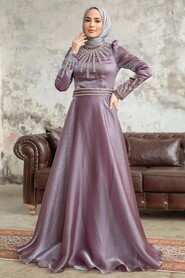 Neva Style - Luxury Dark Lila Muslim Evening Gown 3774KLILA - Thumbnail