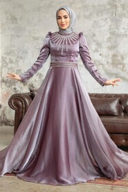 Neva Style - Luxury Dark Lila Muslim Evening Gown 3774KLILA - Thumbnail
