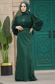 Neva Style - Luxury Emerald Green Islamic Clothing Evening Gown 22213ZY - Thumbnail