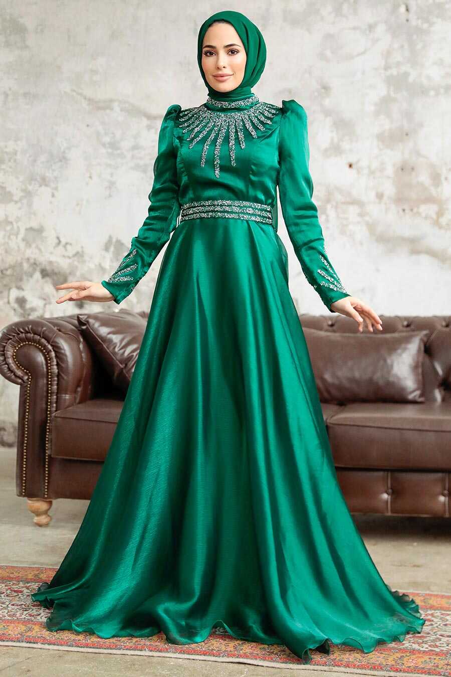 Neva Style - Luxury Emerald Green Muslim Evening Gown 3774ZY