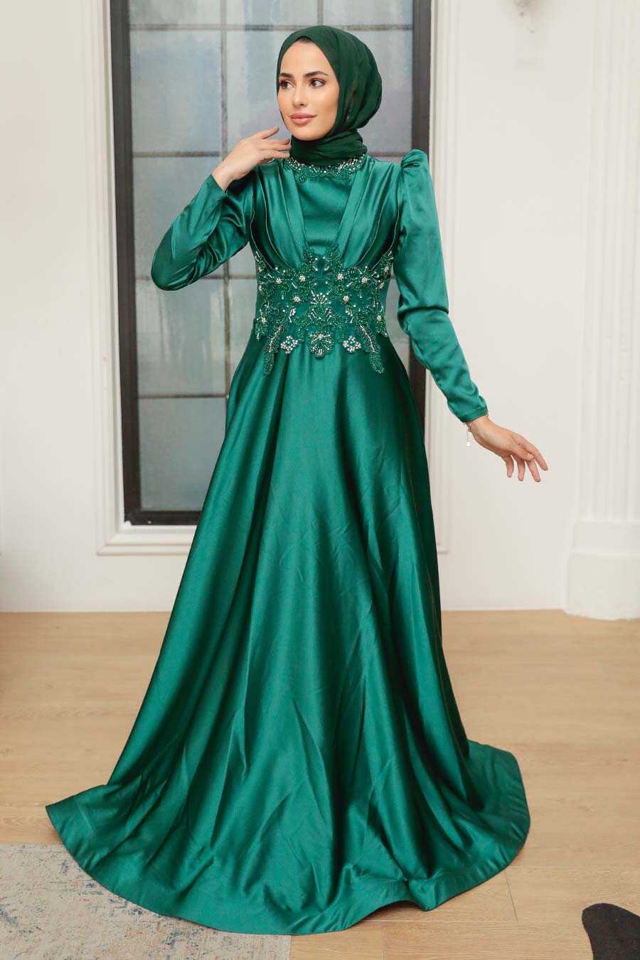 Neva Style - Luxury Green Muslim Long Sleeve Dress 22640Y