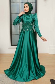 Neva Style - Luxury Green Muslim Long Sleeve Dress 22640Y - Thumbnail