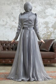 Neva Style - Luxury Grey Muslim Evening Gown 3774GR - Thumbnail