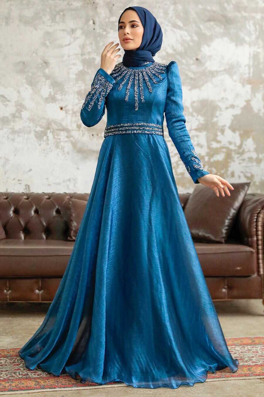 Neva Style - Luxury İndigo Blue Muslim Evening Gown 3774IM