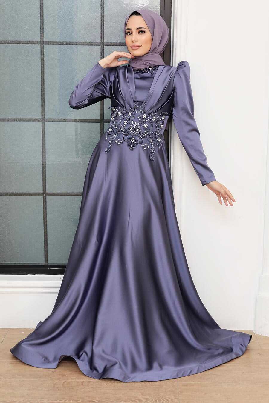 Neva Style - Luxury İndigo Blue Muslim Long Sleeve Dress 22640IM