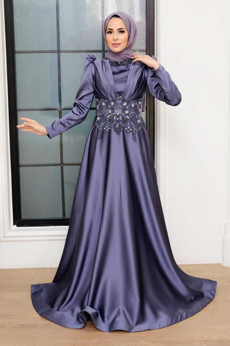 Neva Style - Luxury İndigo Blue Muslim Long Sleeve Dress 22640IM