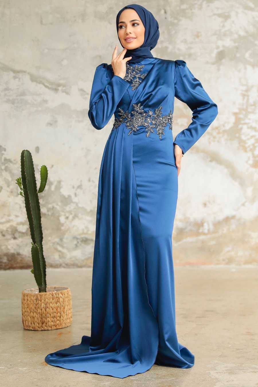 Neva Style - Luxury Navy Blue Hijab Evening Dress 22830L
