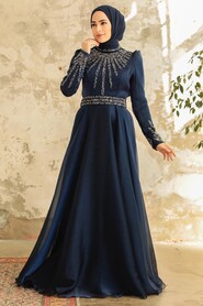 Neva Style - Luxury Navy Blue Muslim Evening Gown 3774L - Thumbnail