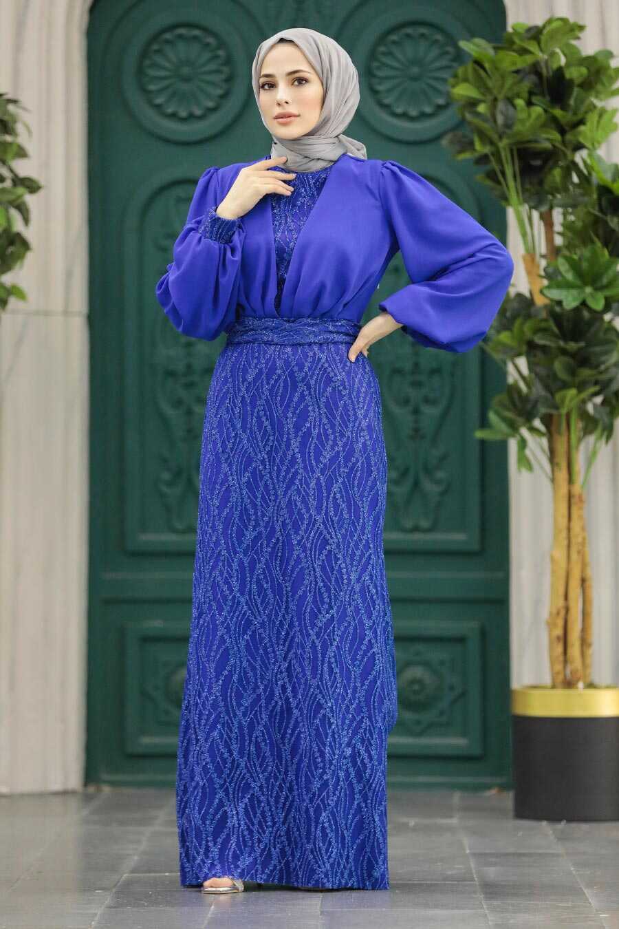 Neva Style - Luxury Sax Blue Islamic Clothing Evening Gown 22213SX