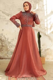 Neva Style - Luxury Terra Cotta Muslim Evening Gown 3774KRMT - Thumbnail