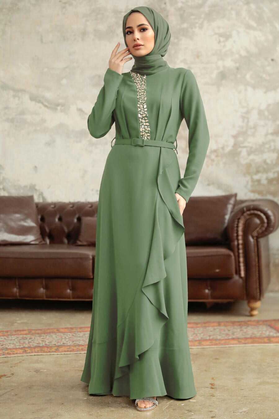 Neva Style - Modern Almond Green Hijab Wedding Dress 37320CY