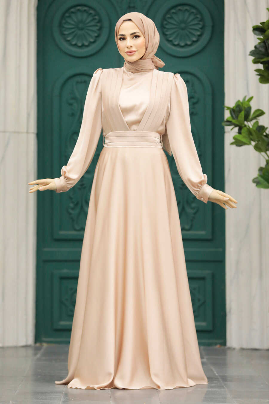Neva Style - Modern Beige Islamic Clothing Wedding Dress 40621BEJ