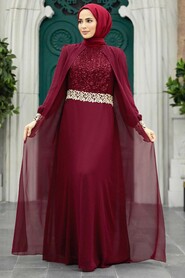 Neva Style - Modern Claret Red Modest Dress 25700BR - Thumbnail