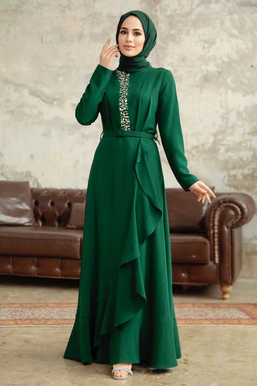 Neva Style - Modern Emerald Green Hijab Wedding Dress 37320ZY