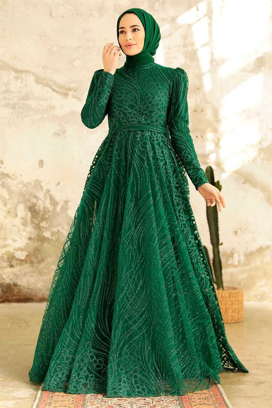Neva Style - Modern Emerald Green Islamic Clothing Engagement Dress 2294ZY