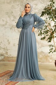 Neva Style - Modern Grey Hijab Evening Gown 22061GR - Thumbnail