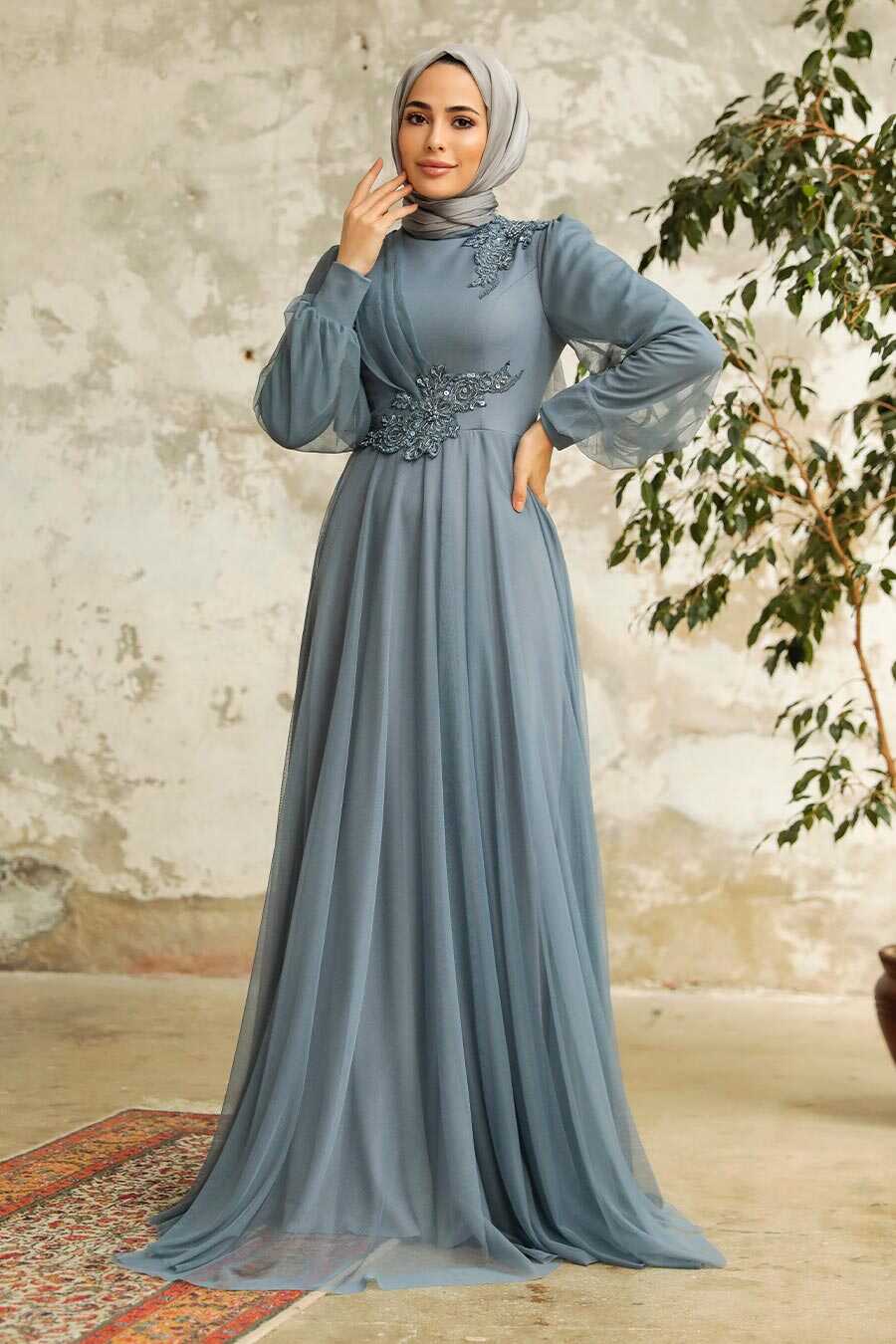 Neva Style - Stylish Grey Hijab Evening Dress 22061GR