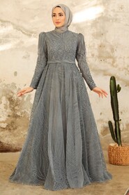 Neva Style - Modern Smoke Color Islamic Clothing Engagement Dress 2294FU - Thumbnail