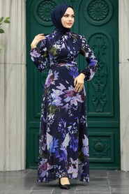 Neva Style - Navy Blue Hijab Turkish Dress 27942L - Thumbnail