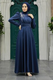 Neva Style - Navy Blue Turkish Hijab Evening Dress 22301L - Thumbnail