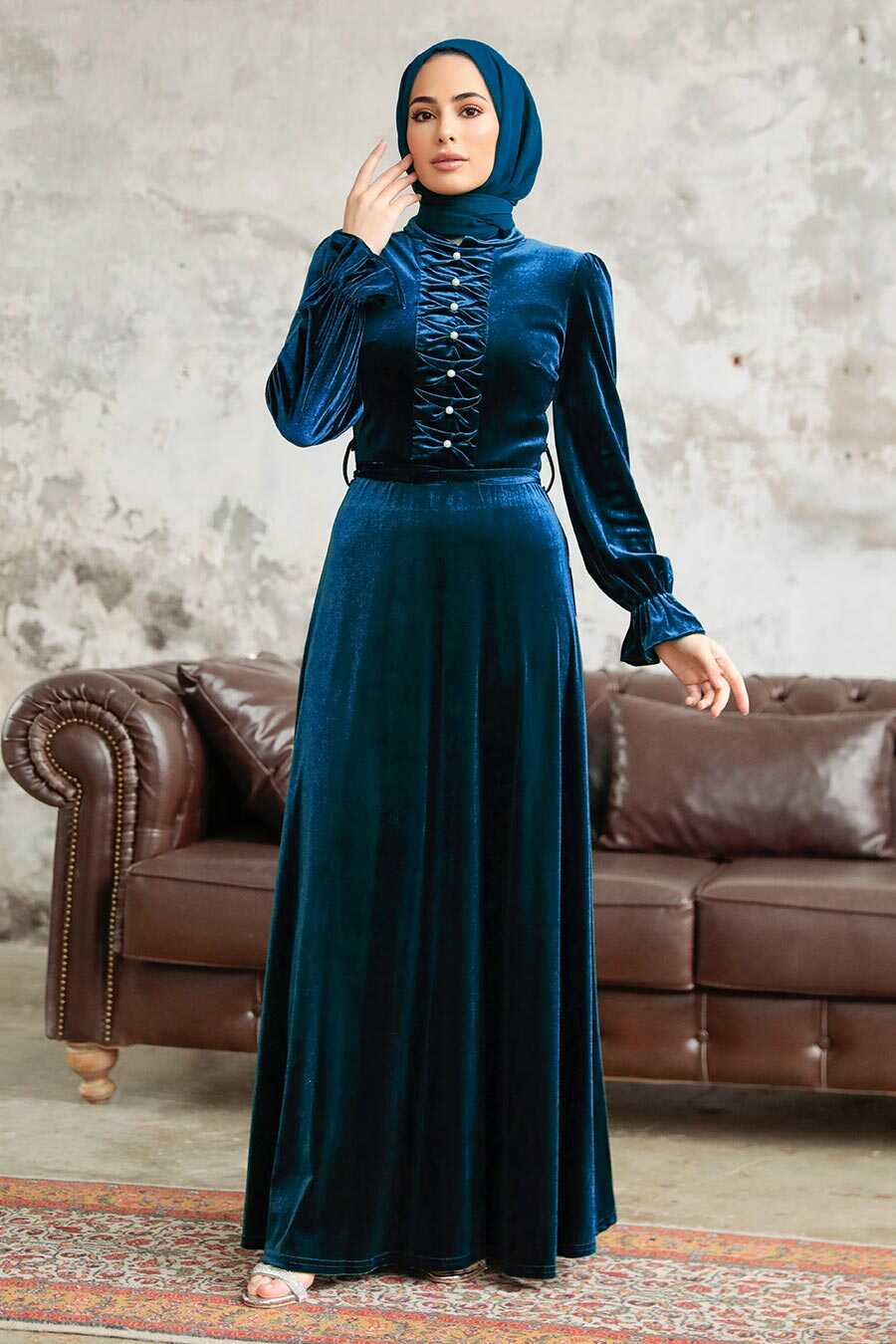 Neva Style - Navy Blue Velvet Hijab Maxi Dress 37091L