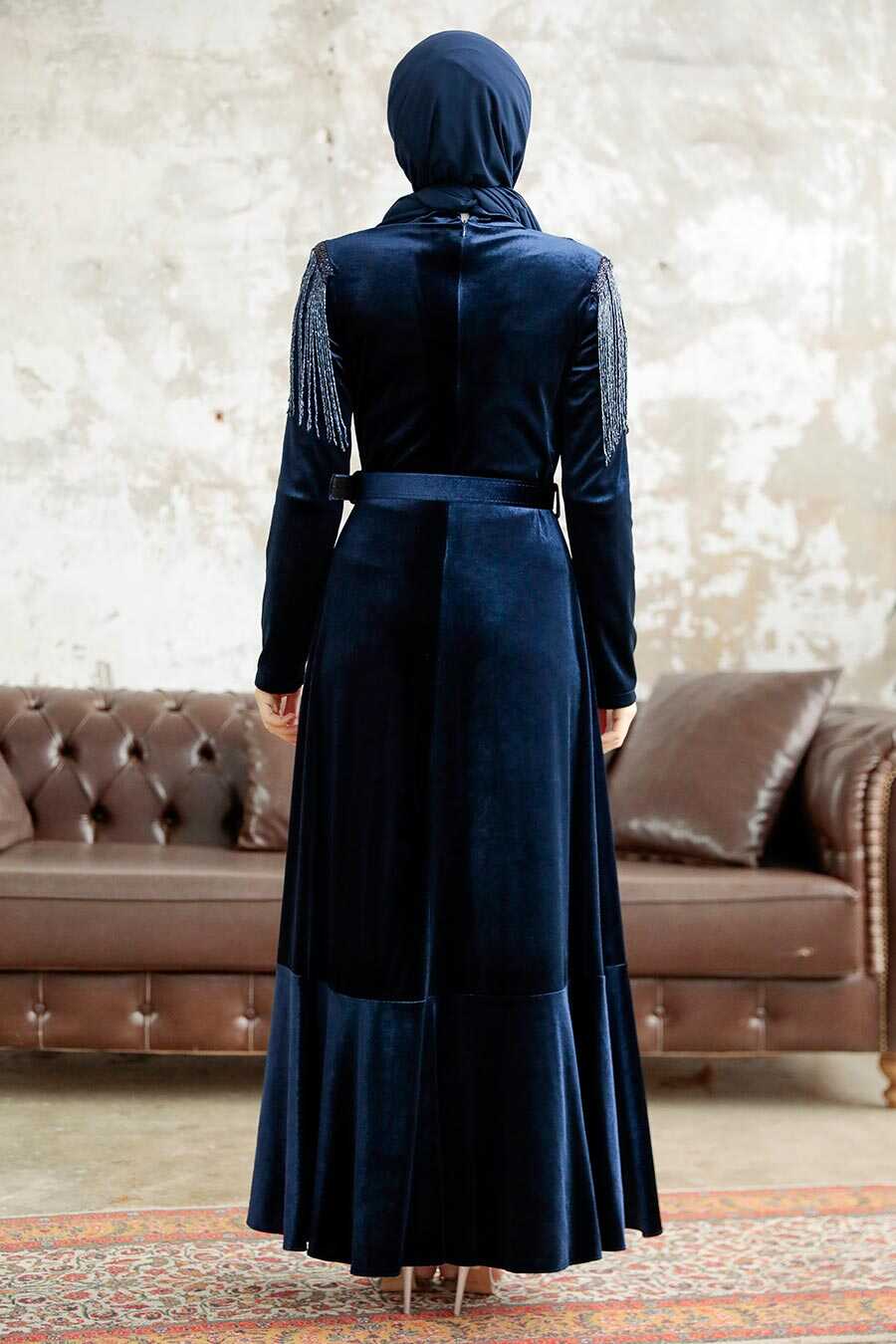 Neva Style - Navy Blue Velvet Islamic Clothing Dress 3748L