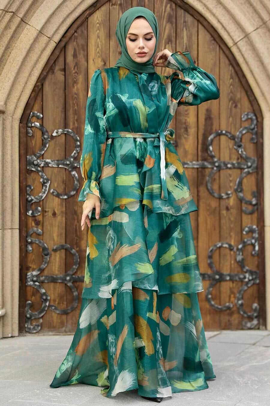 Neva Style - Petrol Green Hijab For Women Dress 3825PY