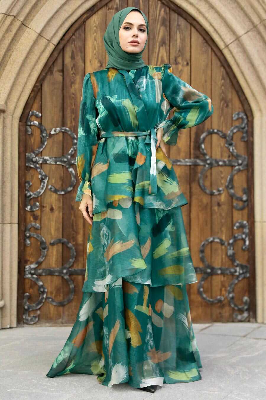Neva Style - Petrol Green Hijab For Women Dress 3825PY