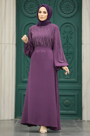 Neva Style - Plum Color Muslim Long Sleeve Dress 20412MU - Thumbnail