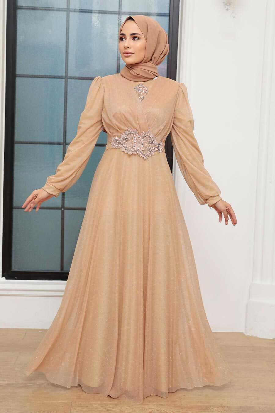 Neva Style - Plus Size Beige Muslim Prom Dress 50151BEJ