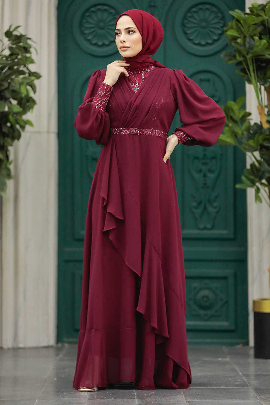 Neva Style - Plus Size Claret Red Islamic Clothing Evening Dress 22201BR