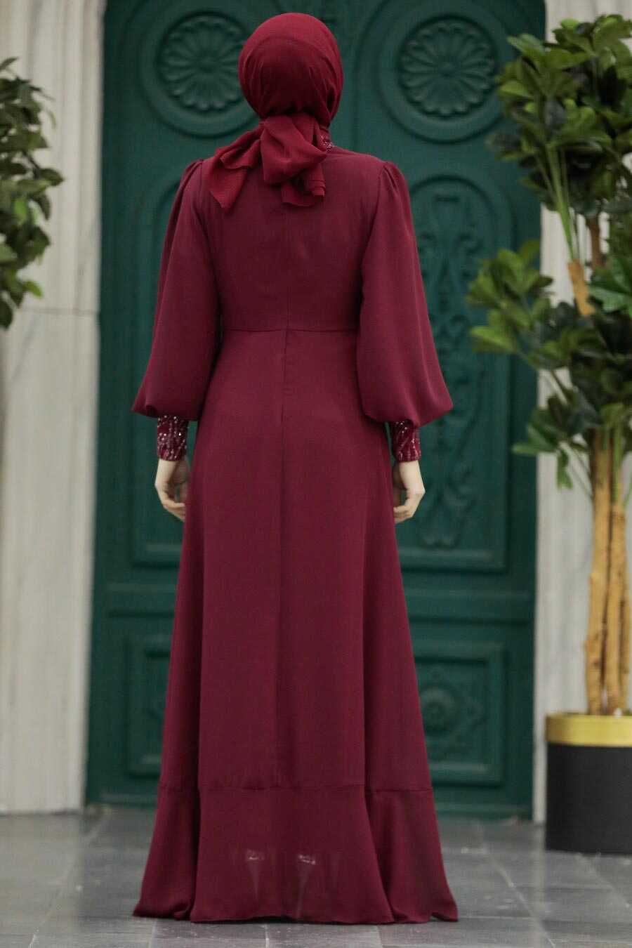 Neva Style - Plus Size Claret Red Islamic Clothing Evening Dress 22201BR