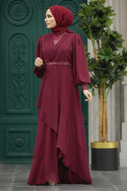 Neva Style - Plus Size Claret Red Islamic Clothing Evening Dress 22201BR - Thumbnail